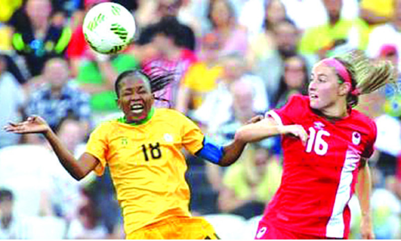 SILKY TOUCH . . . Mighty Warriors striker Kudakwashe Basopo (centre) bulldozes her way past two Zambian defenders Anne Kibanji (right) and Martha Tembo as she goes on to lob the ball past the visitors’ goalkeeper Hazel Mali (out of the picture) to score her side’s only goal during yesterday’s Africa Women Cup of Nations qualifier at Rufaro. — (Picture by Munyaradzi Chamalimba)