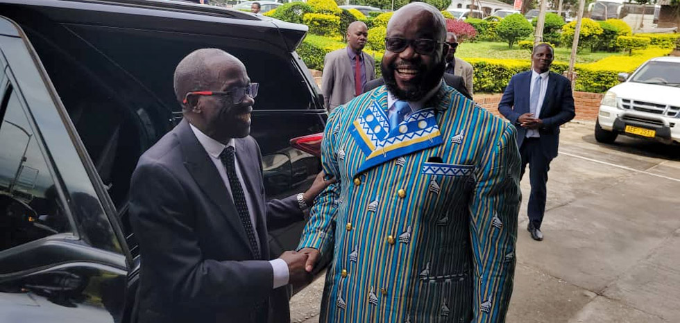 Minister Mugadza (right) welcomes His Excellency Lindonde at his offices in Mutare this morning. – Picture: Tinai Nyadzayo