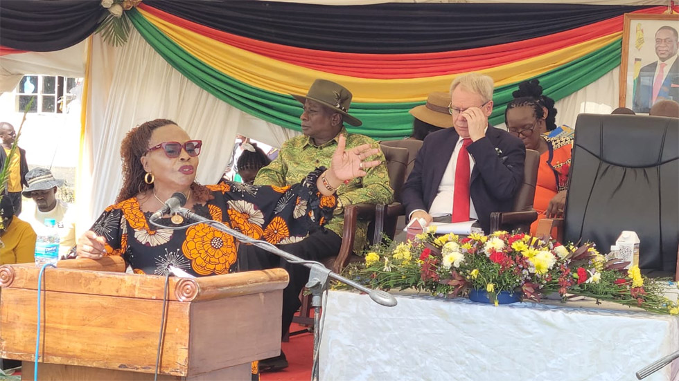 Minister Mutsvangwa delivers her speech during the International Women's Day commemorations in Zimunya. - Picture: Tinai Nyadzayo