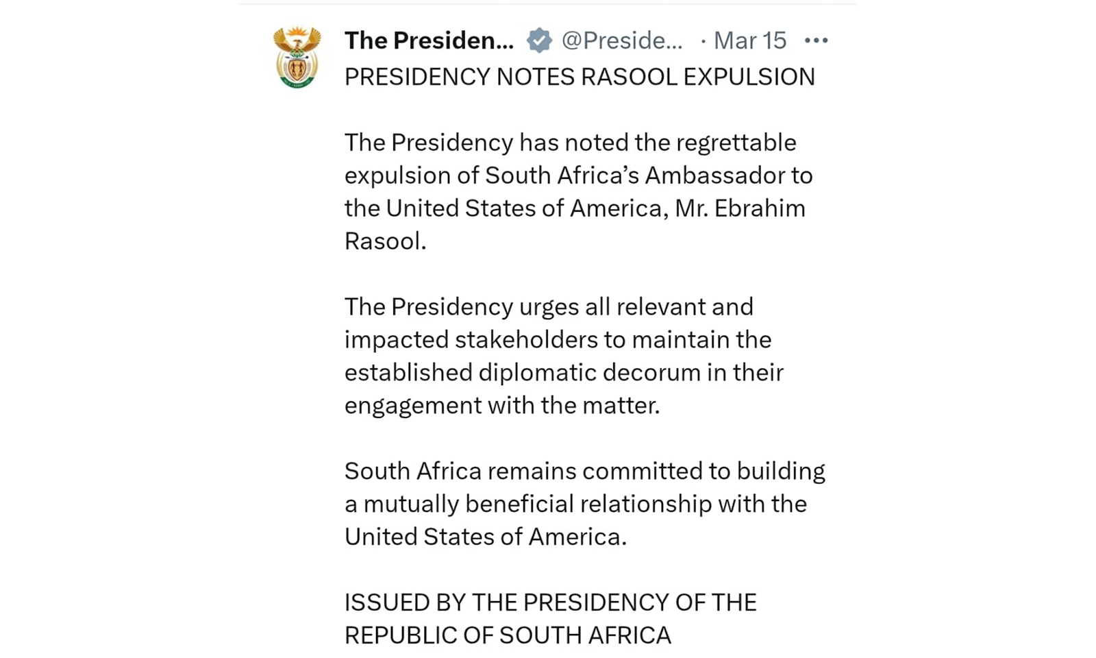 US expels South Africa’s Ambassador
