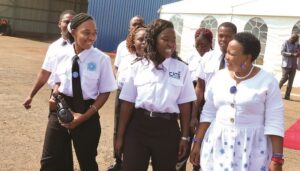 First Lady Dr Auxillia Mnangagwa interacts with the flying instructor and trainee pilots from disadvantaged communities she awarded full scholarships for their training through her Angel of Hope Foundation. — Pictures: John Manzongo