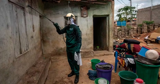 A man sprays the walls of a house with insecticide against mosquitoes.