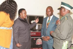 First Lady Dr Auxillia Mnangagwa, who is the patron of the Marondera Female Open Correctional Institution, speaks to Mashonaland East Minister for Provincial Affairs and Devolution Avocate Itayi Ndudzo, Commissioner-General of the Zimbabwe Prisons and Correctional Service Moses Chihobvu and ICT, Postal and Courier Services Minister Tatenda Mavetera during a tour of the newly commissioned digital and vocational training centre
