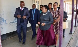 First Lady Dr Auxillia Mnangagwa, Ministry of Primary and Secondary Education officials, Churchill School SDA chairperson Ms Chipo Bessie Mahamba and headmaster Mr Aquanos Mazhunga tour the dormitories that were gutted by fire