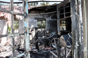 Part of the dormitories, beds and belongings of schoolchildren that were destroyed by fire at the school