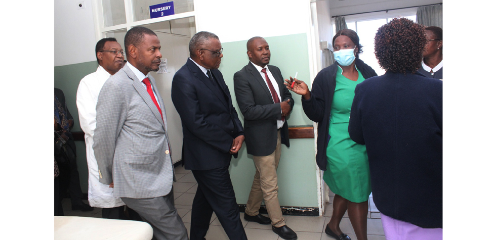 Health Service Commission chairperson, Dr Vincent Hungwe (middle) tours Victoria Chitepo Provincial Hospital, accompanied by the Commission's secretary, Dr Christopher Pasi (left) and the hospital's Acting Medical Superintendent, Dr Hillary Makiwa (right)