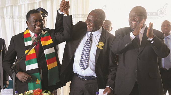 President Mnangagwa shares a lighter moment with Chiefs Council president Chief Mtshane Khumalo and deputy Chiefs Council president Chief Fortune Charumbira at a function to discuss modalities of the Gukurahundi hearings in Bulawayo a few years ago