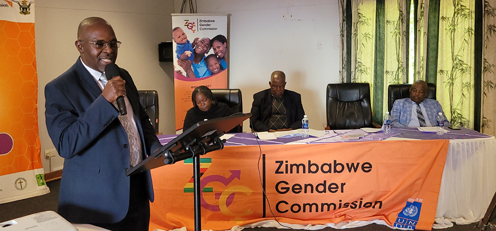Permanent Secretary in the Office of the Minister of State for Manicaland Provincial Affairs and Devolution, Mr Abiot Maronge addresses chiefs and delegates during a Zimbabwe Gender Commission capacity building workshop in Vumba early this week.- Picture: Tinai Nyadzayo