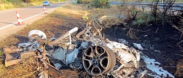Tragic aftermath of Diogo Jota Lamborghini ‘fireball’: Charred remains of supercar after it crashed when ‘tyre burst while trying to overtake car’ – killing Liverpool star, 28, and his brother