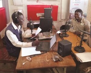 Chief director in the Ministry of Information, Publicity and Broadcasting Services Mr Jonathan Gandari (right) being interviewed by Ndau FM last week