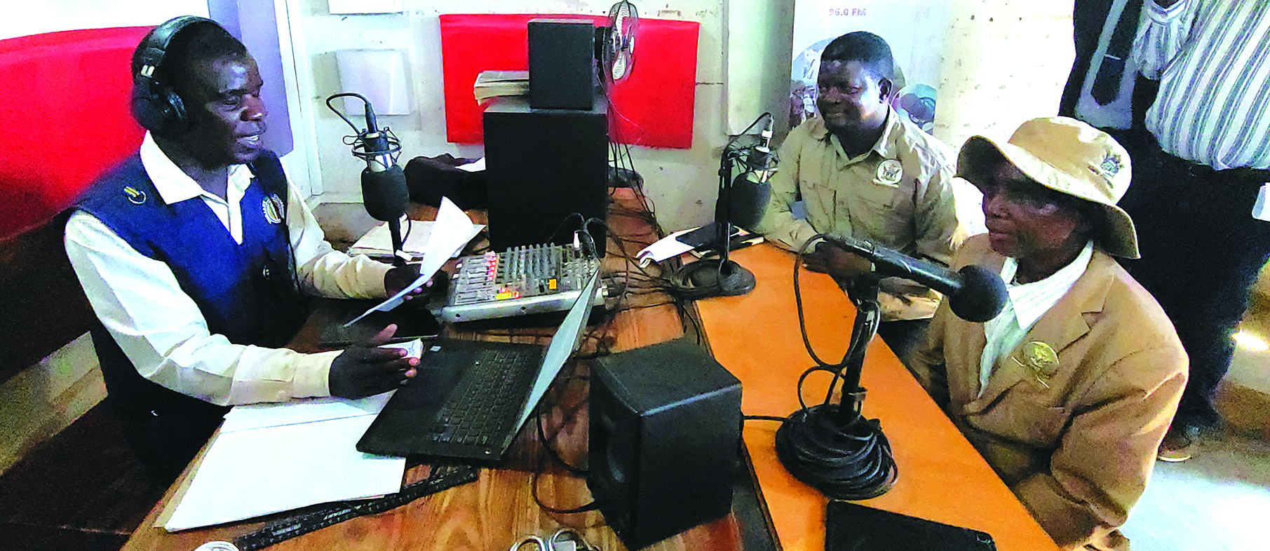 Ndau FM presenter, Lovemore Zembe interviews Chief Director in the Ministry of Information, Publicity and Broadcasting Services, Mr Jonathan Gandari (far right) and Chief Garahwa (centre) during their tour of the community radio station on Wednesday. - Picture: Tinai Nyadzayo