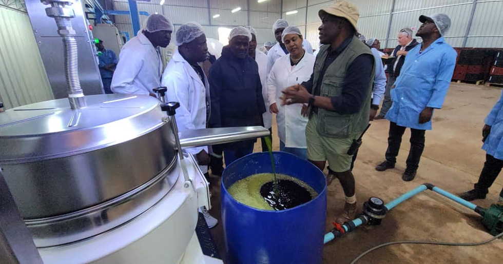 Mr Mushiwokufa explains to Her Excellency Ndeska Cuthbert how the avocado extracting oil plant works