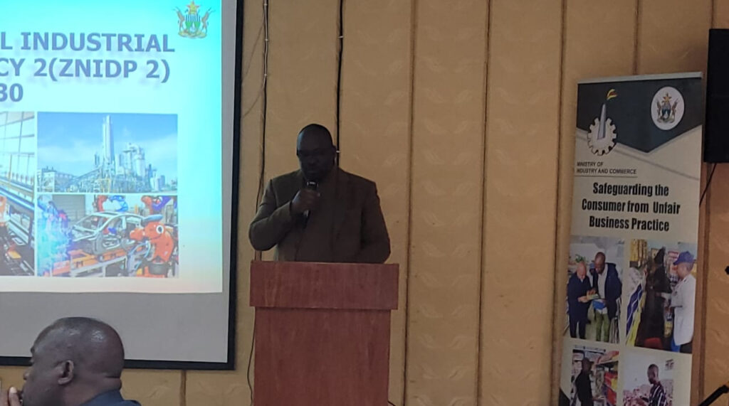 Director of Economic Affairs and Investment Promotion for Manicaland, Mr Munyaradzi Rubaya addresses attendees of the Zimbabwe National Industrial Development Policy 2 (ZNIDP 2) stakeholder consultative workship held at Golden Peacock this morning