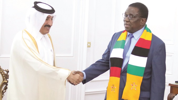 President Mnangagwa welcomes Al Mansour Holdings owner Sheikh Mansour Bin Jabor Bin Jassim Al Thani of Qatar at State House in Harare yesterday. - Pictures: Justin Mutenda