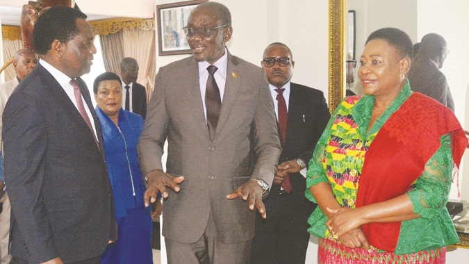 Vice President Kembo Mohadi pays a courtesy call on Zambian President Hakainde Hichilema (left) at State House in Lusaka, Zambia, yesterday while Zimbabwe’s Ambassador to Zambia Charity Charamba (right) follows proceedings