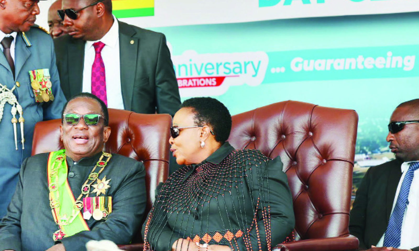The President and First Lady Dr Auxillia Mnangagwa share a lighter moment at Zimbabwe Defence Forces Day celebrations in Harare yesterday
