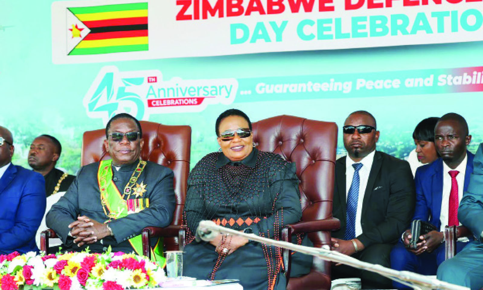 President Mnangagwa and First Lady Dr Auxillia Mnangagwa follow proceedings at the Zimbabwe Defence Forces Day celebrations