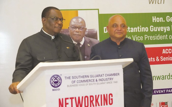 Vice President Dr Constantino Chiwenga and Industry and Commerce Deputy Minister Raj Modi at Veer Narmad South Gujarat University in India yesterday