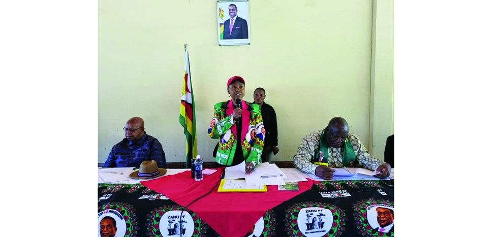 ZANU PF National Chairman, Cde Oppah Muchinguri-Kashiri addresses a preparatory meeting at Mutare Polytechnic