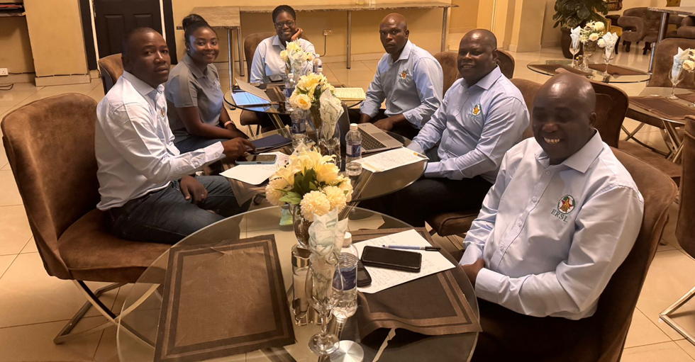 GROUND-BREAKING LEADERSHIP . . . Pacific Eastern Region administration leaders led by chairman, Simba Wisdom (second from right), secretary general, Benjamin Chindima (left), Pacific Storm marketing manager, Kuda Chiutsi, ERSL administrator, Fungayi Munyoro, ERSL board members, Rodgers Banda and Obert Mandishona, have presided over the first ever corporate partnership deal for the regional football administration body