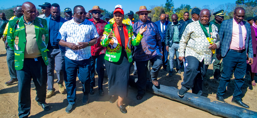 ZANU PF National Chairman, Cde Oppah Muchinguri-Kashiri (centre) leads delegates among them Politburo and Central Committee members during a tour of this year’s ruling party Annual People’s Conference venue at Mutare Polytechnic yesterday. Pictures: Takudzwa Manzero