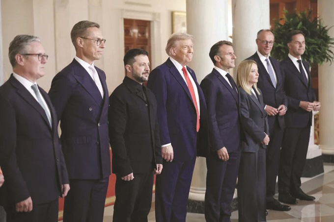 European leaders following a meeting in the Oval Office with the US president at the White House last week. From left, British Prime Minister Keir Starmer, Finnish President Alexander Stubb, Ukrainian President Volodymyr Zelenskyy, President Donald Trump, French President Emmanuel Macron, Italian Prime Minister Giorgia Meloni, German Chancellor Friedrich Merz and NATO secretary-general Mark Rutte