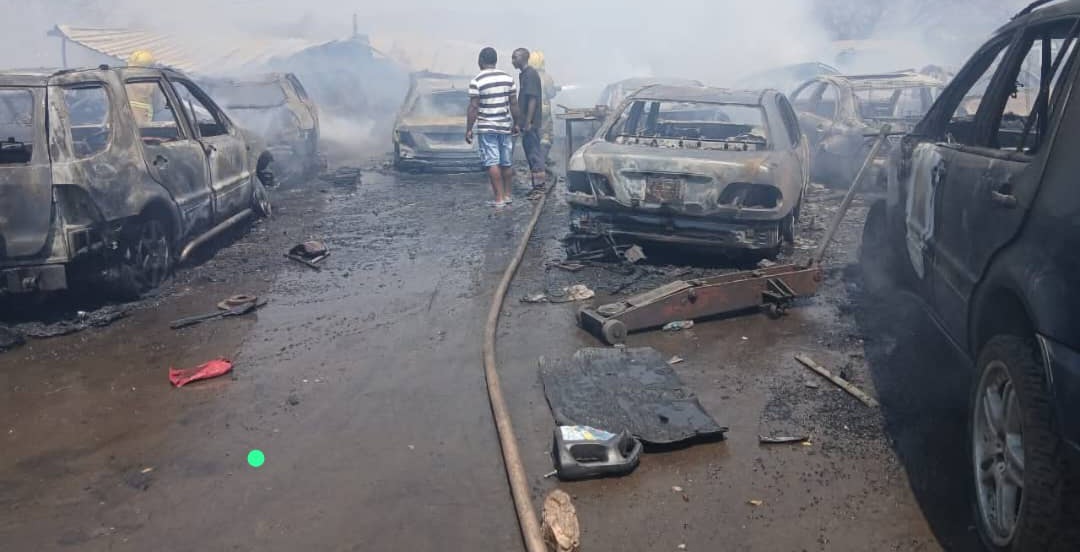 Fire reduces 30 vehicles to charred shells