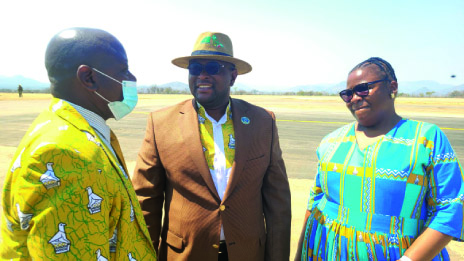 Information, Publicity and Broadcasting Services Minister, Dr Jenfan Muswere (centre) chats with legislators, Honourable Raymore Machingura (left) and Honourable Gertrude Mutandi at Grand Reef Aerodrome