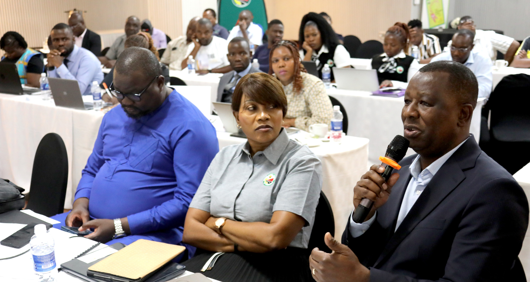 Managing Director Traffic Safety Council of Zimbabwe Mr Munesu Munodawafa gives remarks at the ministerial launch of public consultaions for the Road Accident Fund (RAF) Bill in Bulawayo yesterday.Listening from left are TSCZ chairman Mr Kura Sibanda and the deputy board chair Ms BunuLiziwe Bunu.Picture: Eliah Saushoma