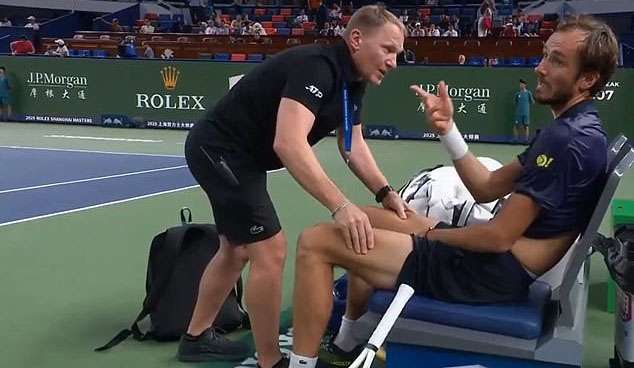 Daniil Medvedev was heard asking if a ball girl could remove his sweaty shirt as he struggled with cramp during his match against Learner Tien at the Shanghai Masters