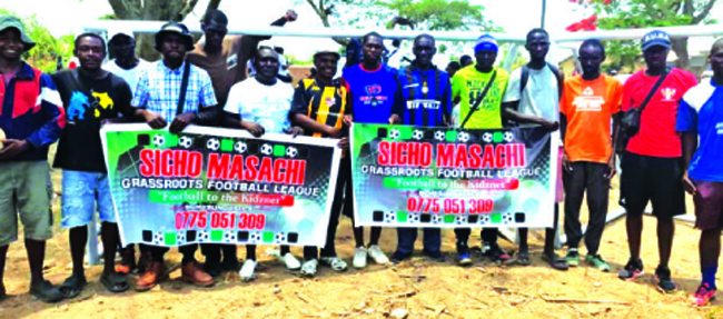 Some of the Sicho Masachi Under-11 League teams pose for a picture with goalposts donated by Top Striker Hardware