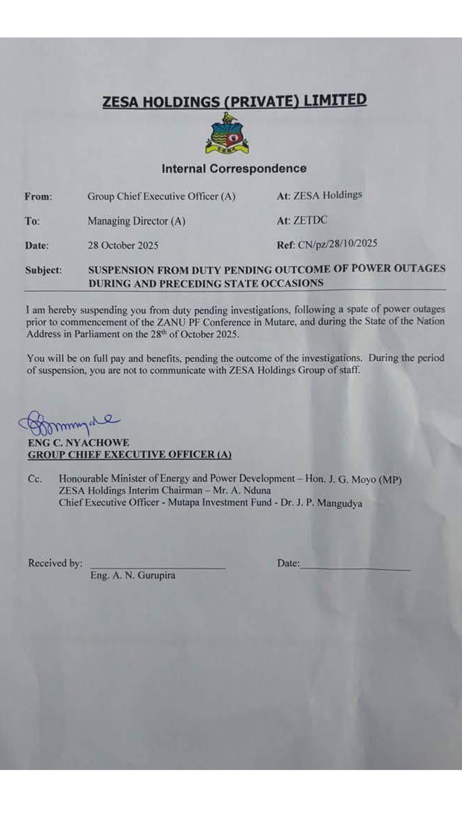 ZETDC boss suspended over power outages