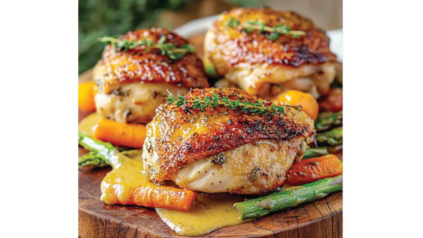 Crispy baked chicken thighs with honey, mustard and thyme sauce