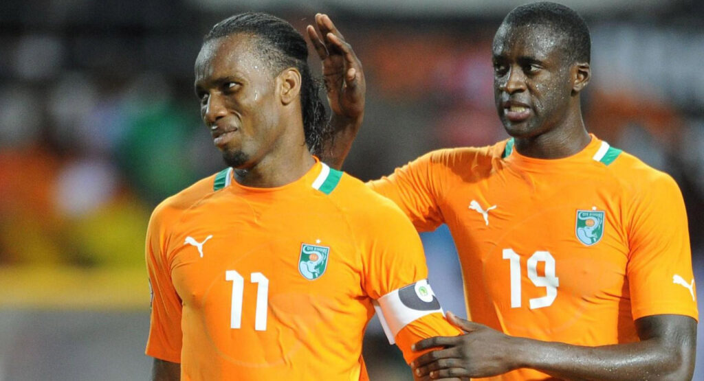 Didier Drogba (left) missed from the spot in regulation time as Ivory Coast suffered a surprise defeat against Zambia in the 2012 Afcon final