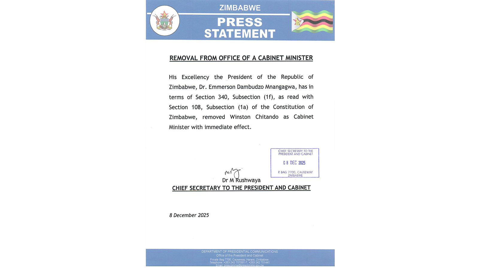Breaking: Winston Chitando fired, Dr Polite Kambamura takes over