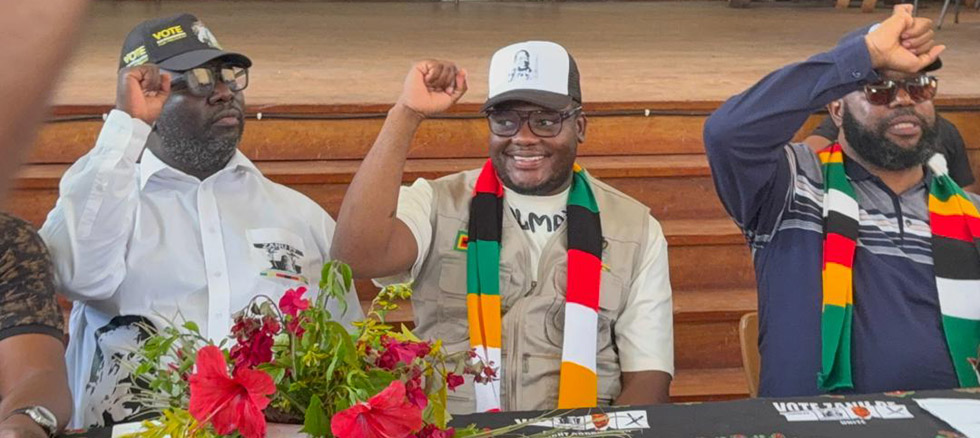 (From left) Cdes Mukodza, Tungwarara and Mugadza chant the ruling Zanu PF slogans