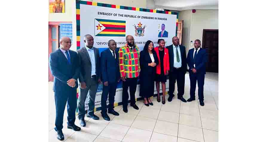 Minister of State for Manicaland Provincial Affairs and Devolution, Advicate Misheck Mugadza (centre) and Zimbabwe’s Ambassador to Rwanda, Professor Charity Manyeruke (next to him) with the Manicaland delegation in Rwanda