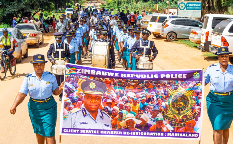 Police officers march during the relaunch of the Police Client Service Charter in Chipinge last week