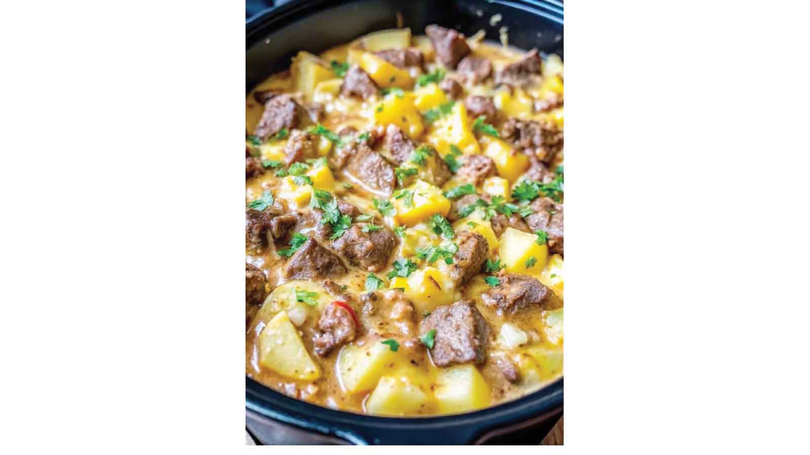 Rustic steakhouse-style cheesy potato and beef skillet