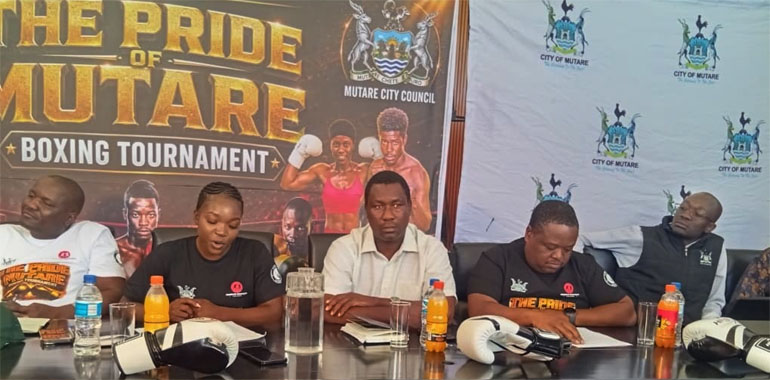 THE PRIDE OF MUTARE . . . Charles Manyuchi Academy public relations officer, Nicola Chiunya (second from left), delivers her speech as distinguished guests — Zimbabwe National Boxing and Wrestling Control Board chairperson Clayton Musindo, Mutare deputy mayor, John Nyamhoka, Mutare City Council town clerk, Blessing Chafesuka, and deputy housing director, Noel Mushangwe — listen attentively