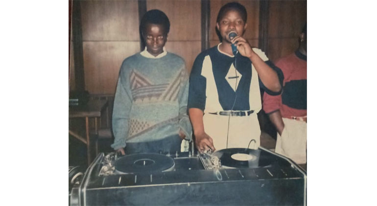 DJ Ranga (left) with Radio Three (Now Power FM) DJ Hosia Singende, popularly known as The Hit Man at Queens Hall (Now Mutare Hall) in October 1993