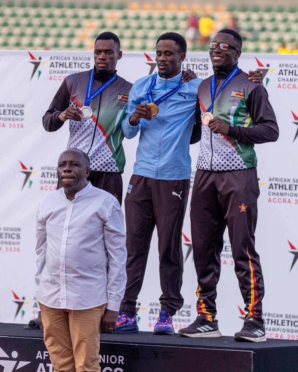 From Left to Right: Sliver Medalist Former Hamilton High School Dennis Hove (44.92s.), Gold Medalist Botswana’s Lee Eppie (44.66s.), and Bronze Medalist Leeford Zuze (45.03s.) 