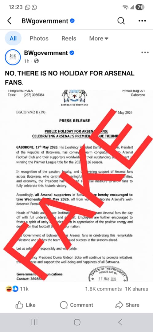 Botswana Government Dismisses Viral ‘Arsenal Holiday’ Claim