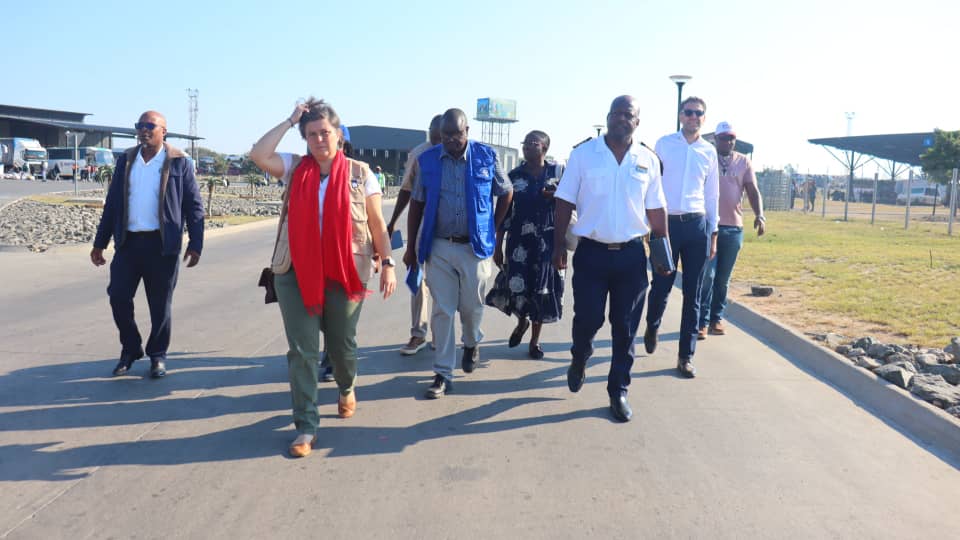 Netherlands Ambassador to Zimbabwe Mr Matthijs Pieter van Eeuwen (white shirt) and IOM Chief of Mission to Zimbabwe Ms Diana Cartier (with scarf)  appreciating operations at the US$300 million transformed Beitbridge Border Post during a working visit yesterday-picture by Thupeyo Muleya