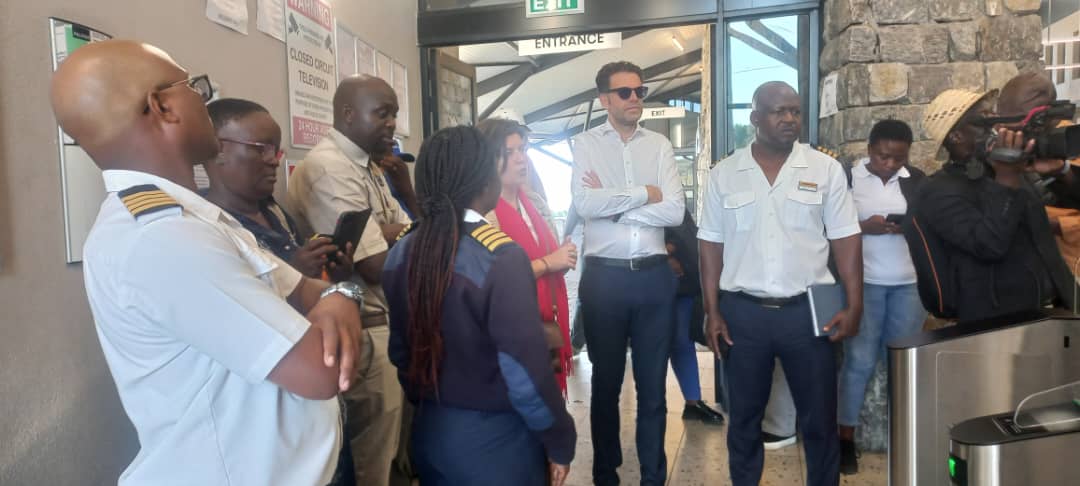 Netherlands Ambassador to Zimbabwe Mr Matthijs Pieter van Eeuwen (white shirt) and IOM Chief of Mission to Zimbabwe Ms Diana Cartier (with scarf)  appreciating operations at the US$300 million transformed Beitbridge Border Post during a working visit yesterday-picture by Thupeyo Muleya