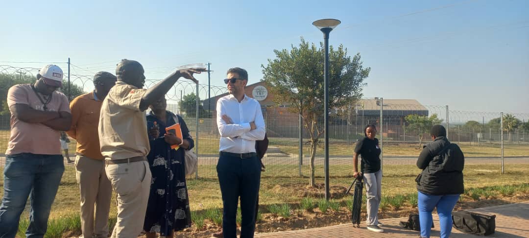 Netherlands Ambassador to Zimbabwe Mr Matthijs Pieter van Eeuwen (white shirt) and IOM Chief of Mission to Zimbabwe Ms Diana Cartier (with scarf)  appreciating operations at the US$300 million transformed Beitbridge Border Post during a working visit yesterday-picture by Thupeyo Muleya
