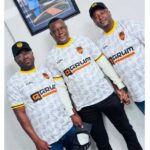 COMRADES IN ARMS . . . Manica Diamonds chairman, Leslie Chipunza (left), gets a Kodak moment with new coach, Hebert ‘Jompano’ Maruwa (middle), and club board member finance, Terrence Chitambo, at the club offices in Mutare on Wednesday night after the contract signing ceremony