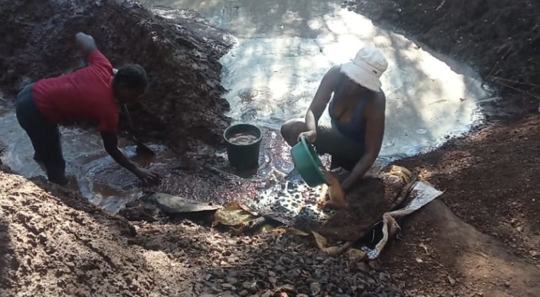 Noleen Muleya (in a red blouse) and Kethumetsi Ndlovu (wearing a white hat) sift through sludge in search of tiny specks of gold at an artisanal mining site in Insiza North. — Picture: Gibson Mhaka