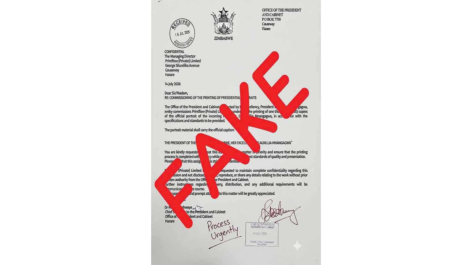 Govt denounces fake letter on First Lady portraits