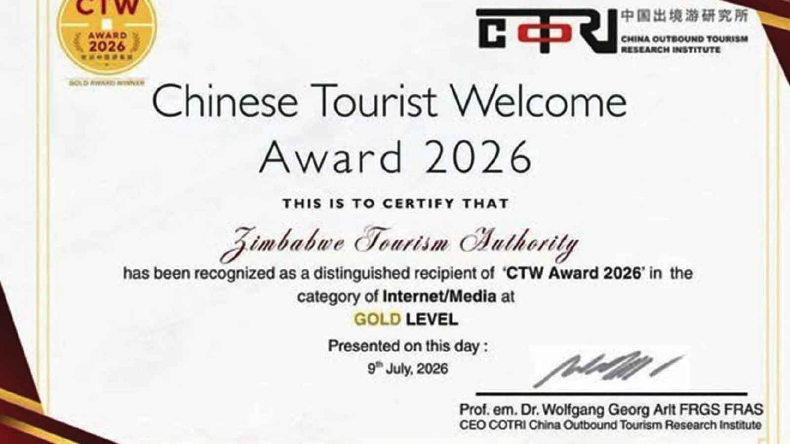 Zimbabwe wins top Chinese tourism award